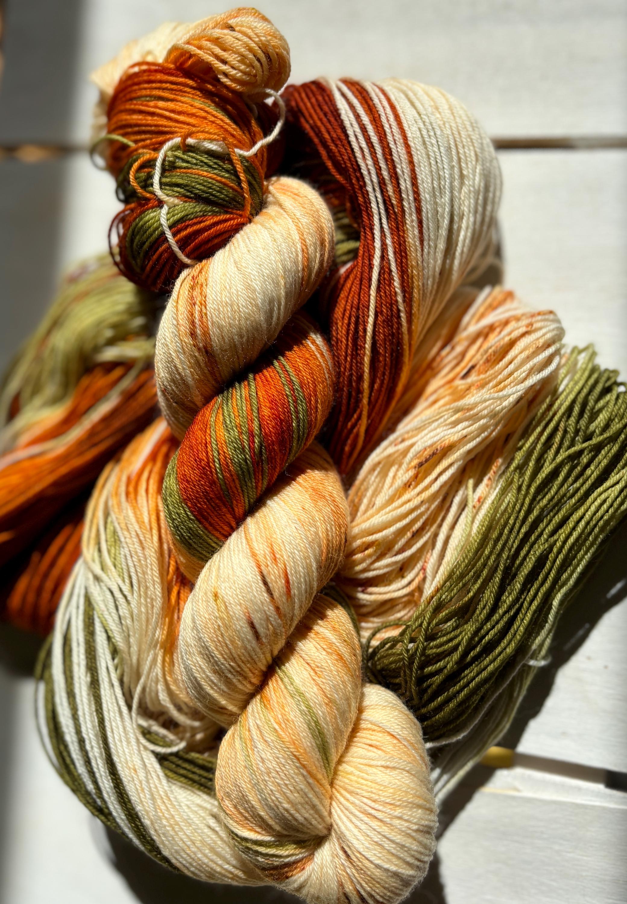 Come to the Table, orange, green, handdyed yarn