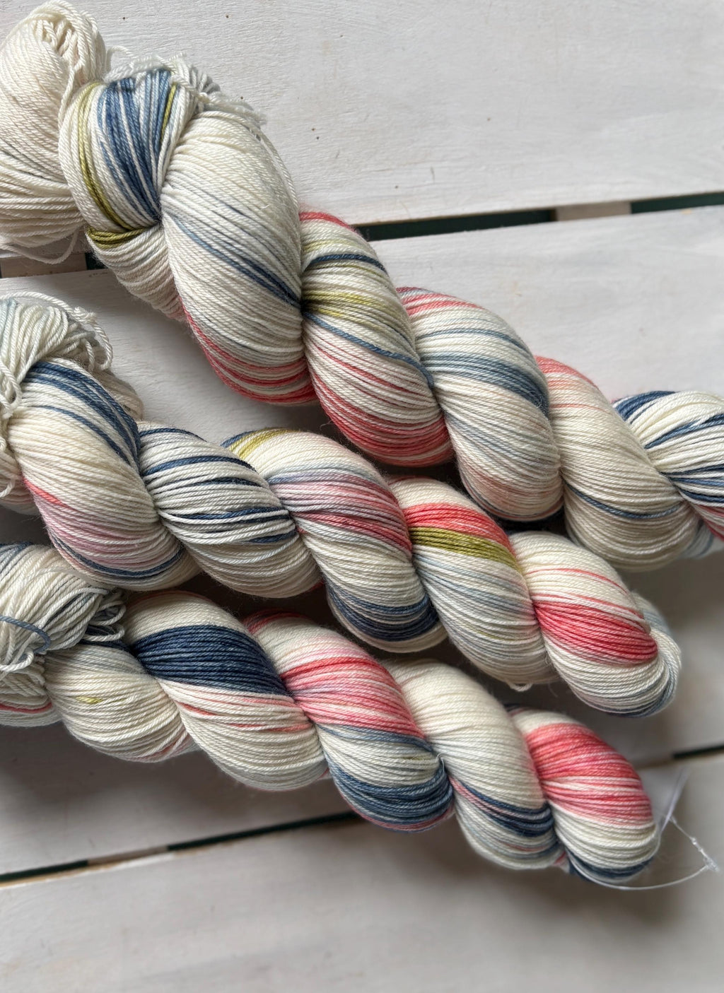 High Tea, soft pink, pretty blue sage green DK and fingering