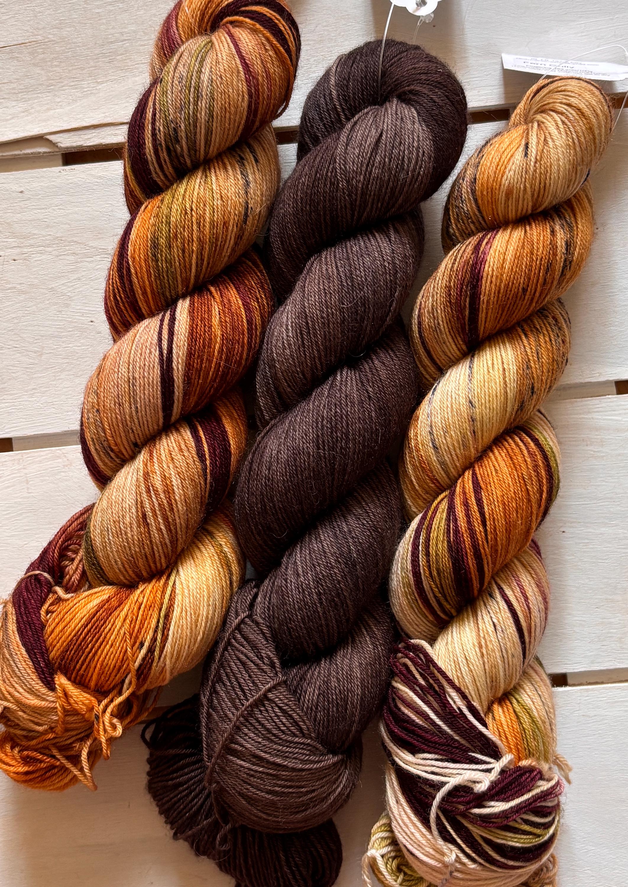 Fern Gully brown, beige, green, maroon, 75/25 merino superwash wool