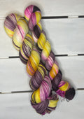Purple Sun Daisy, DK, purple, yellow, pink superwash merino wool