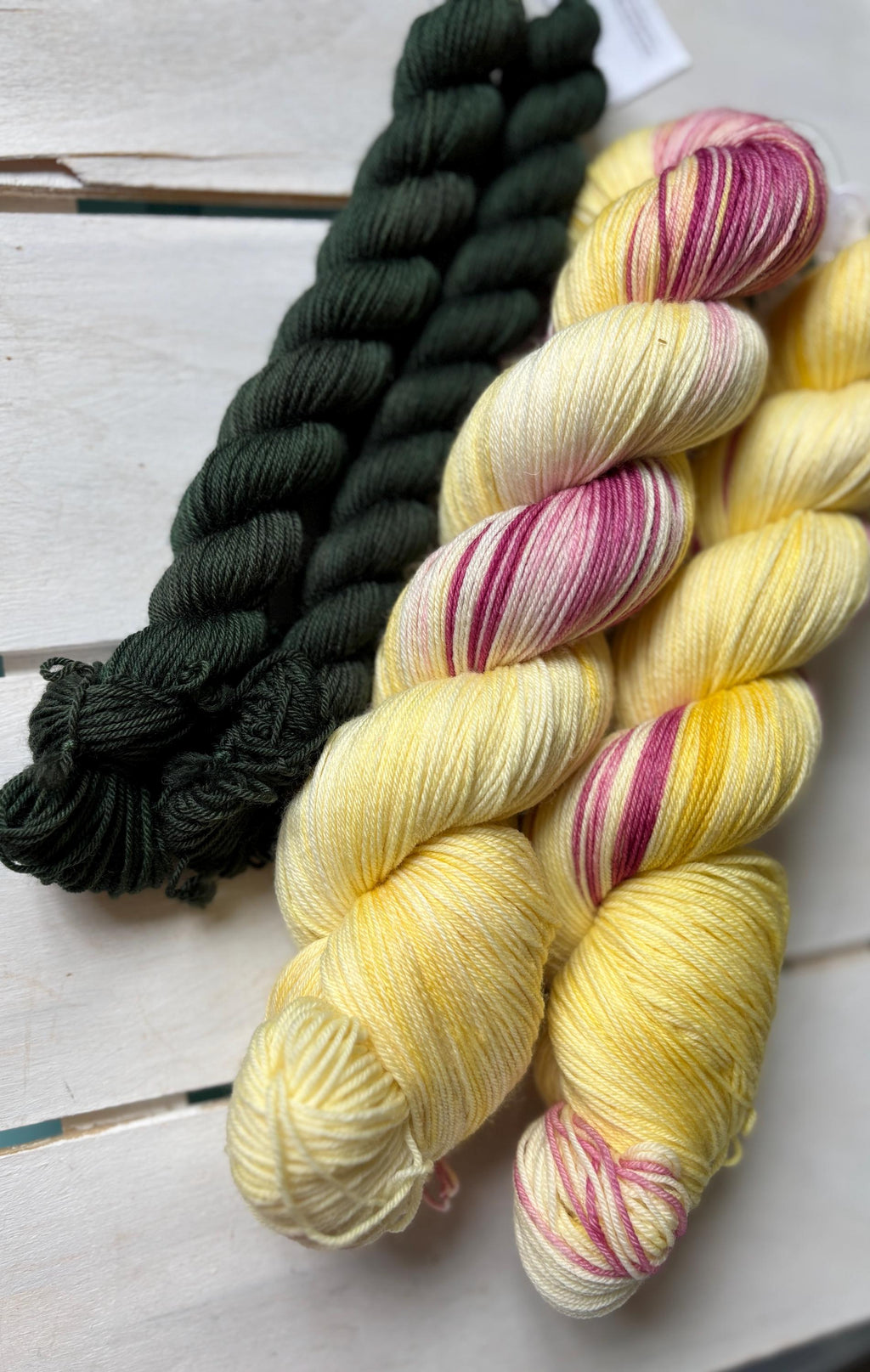 Sunshine Meadow, soft yellow with warm deep pink DK and fingering