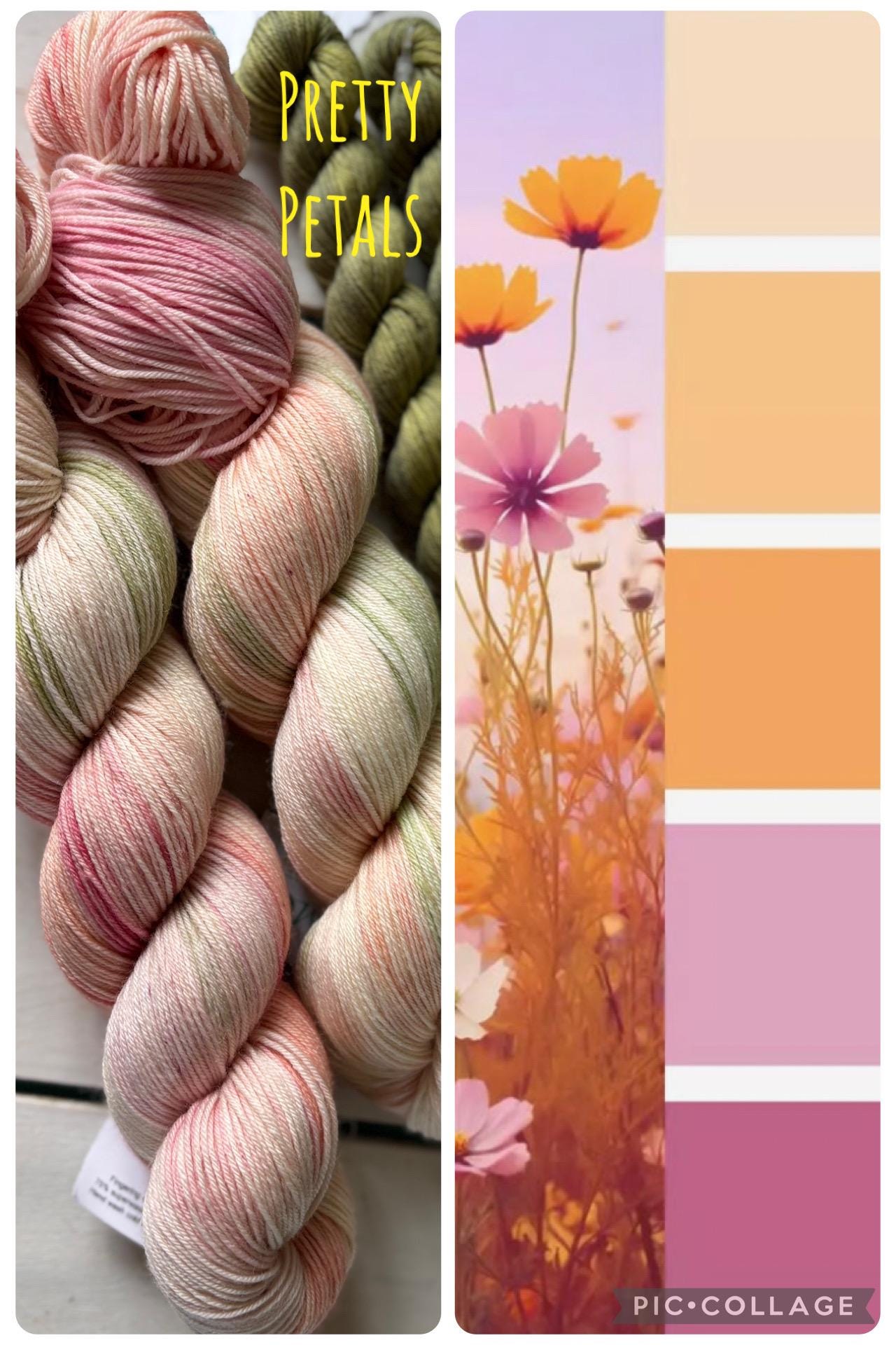 Pretty Petals, peach pink with a soft sage green,DK and fingering