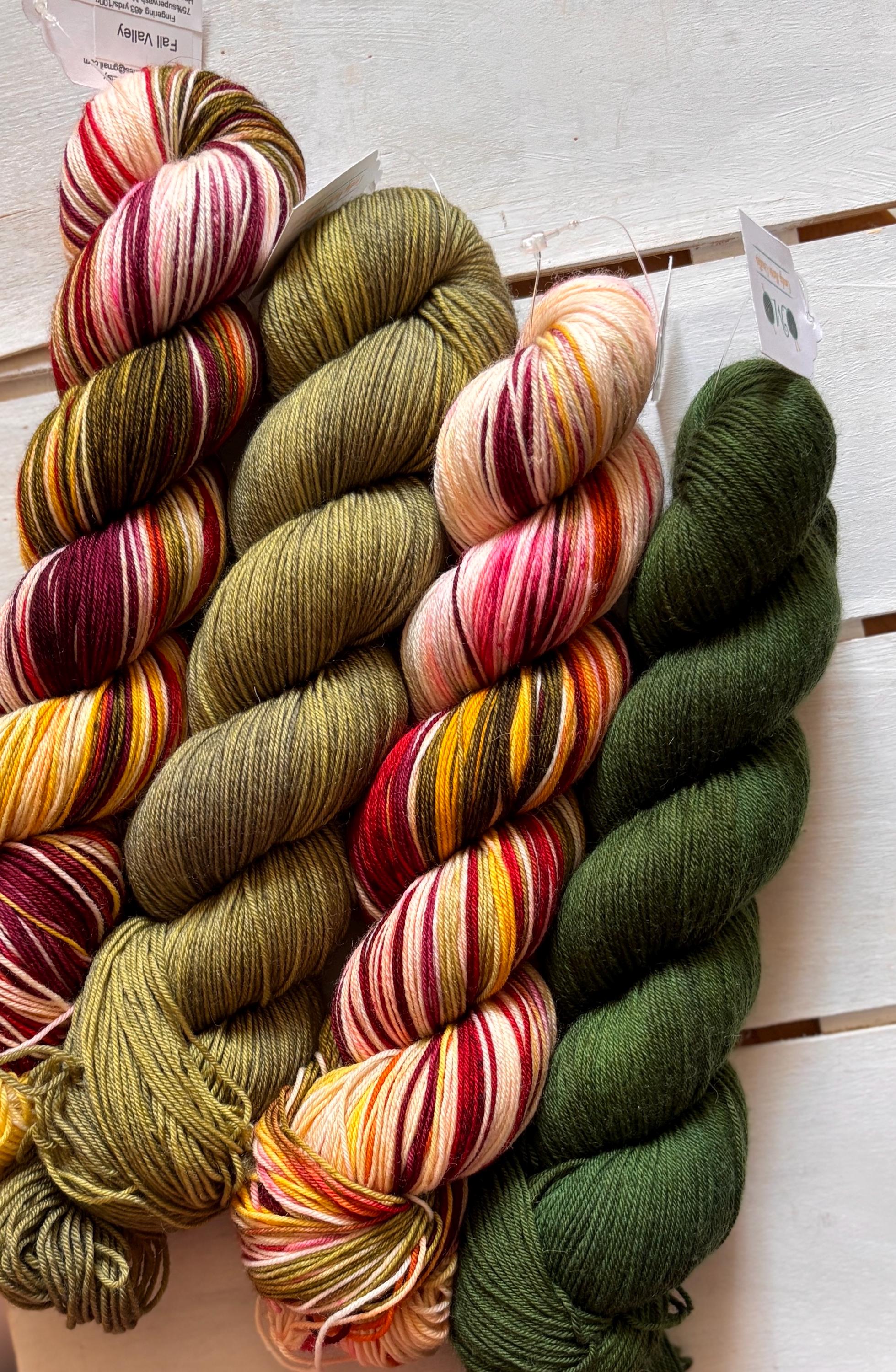 Fall Valley Merino Wool Yarn: Red, Orange, Yellow, Green (DK or Fingering)