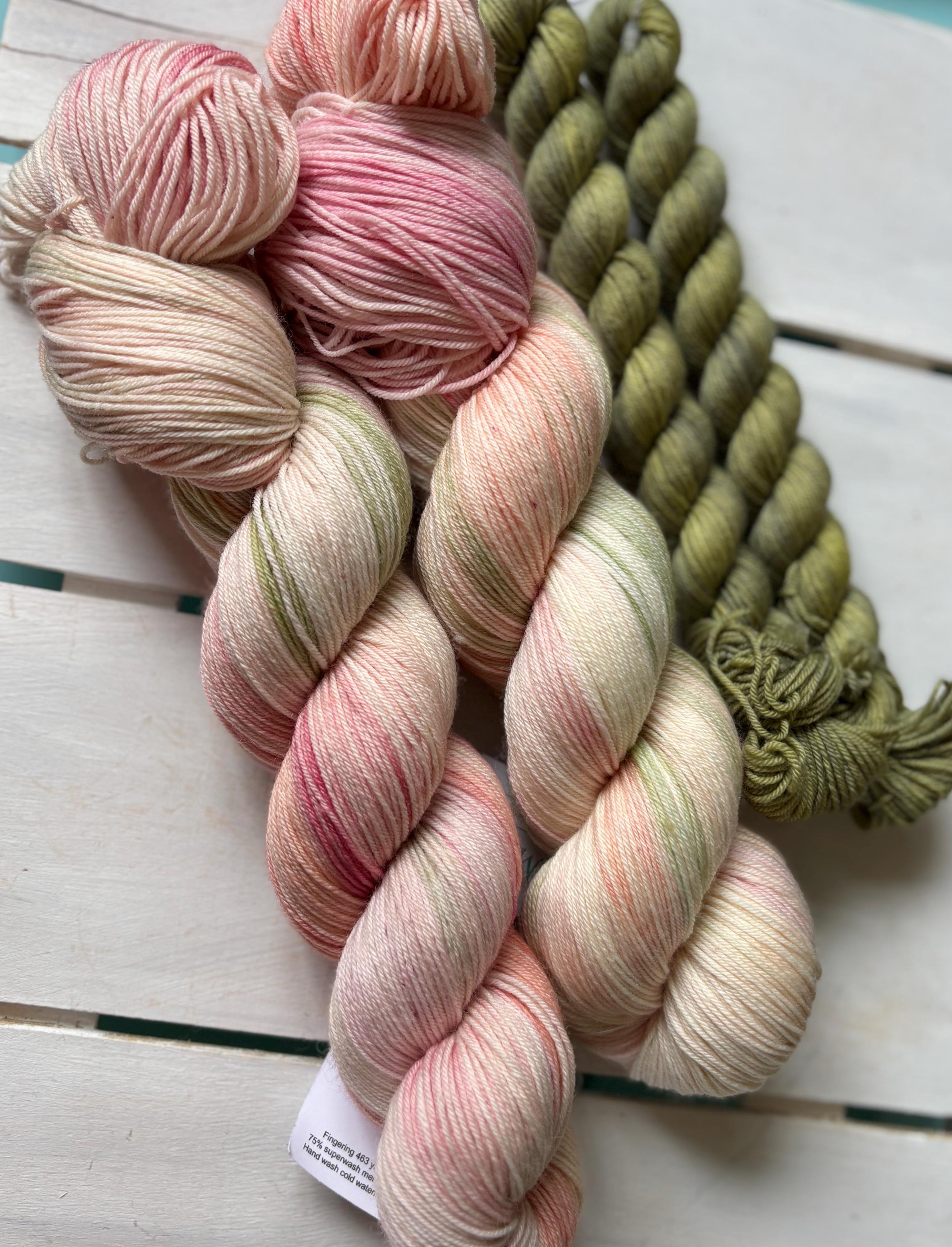 Pretty Petals, peach pink with a soft sage green,DK and fingering