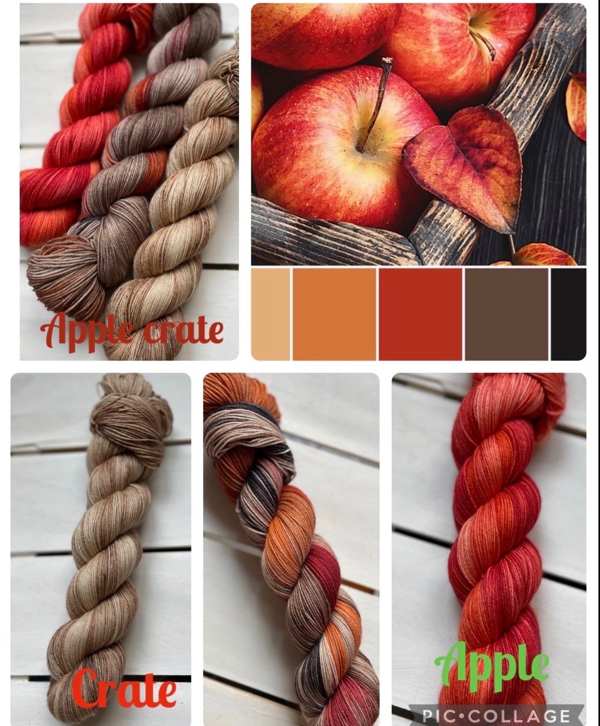 Apple, deep red, orange DK and fingering
