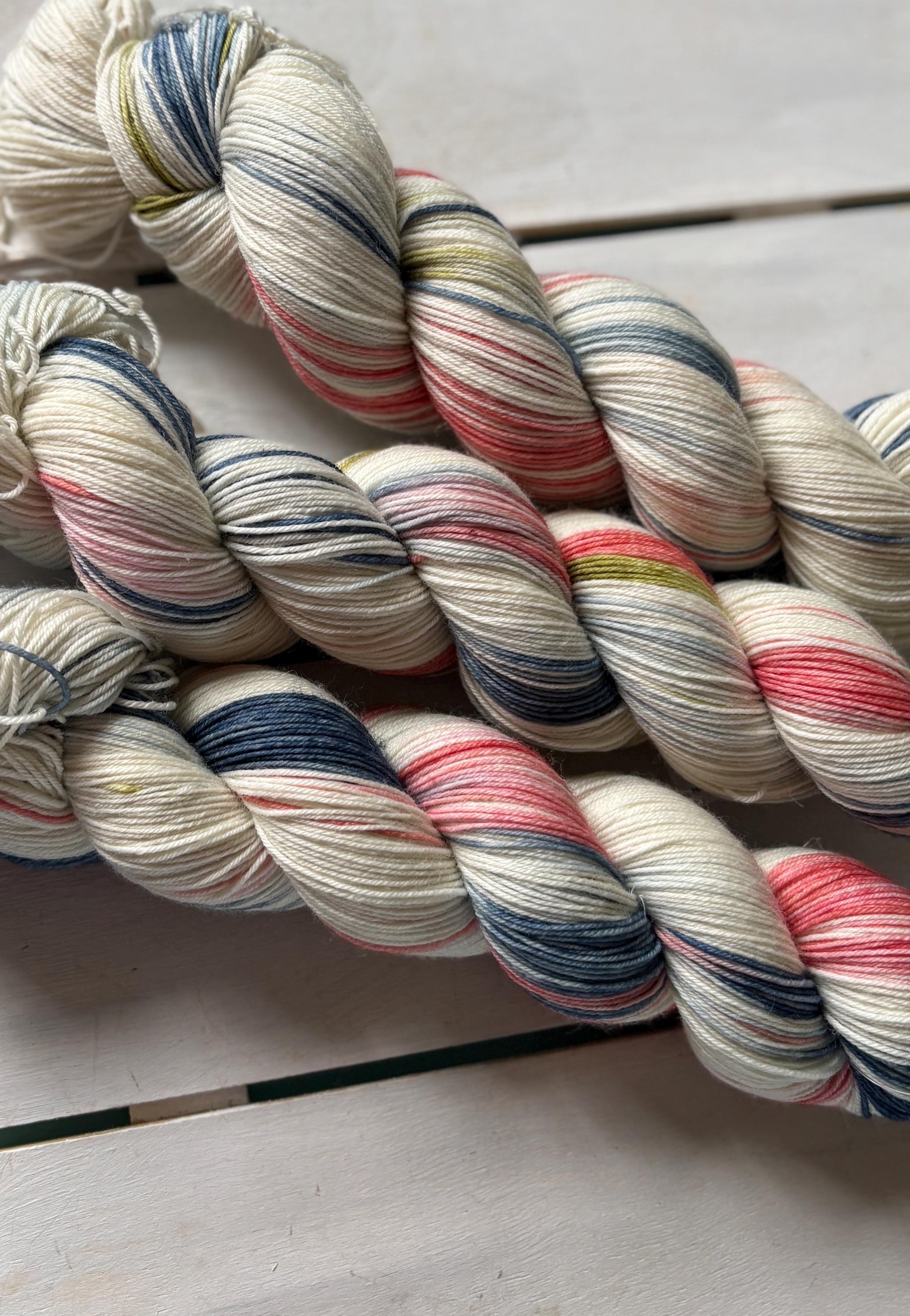 High Tea, soft pink, pretty blue sage green DK and fingering