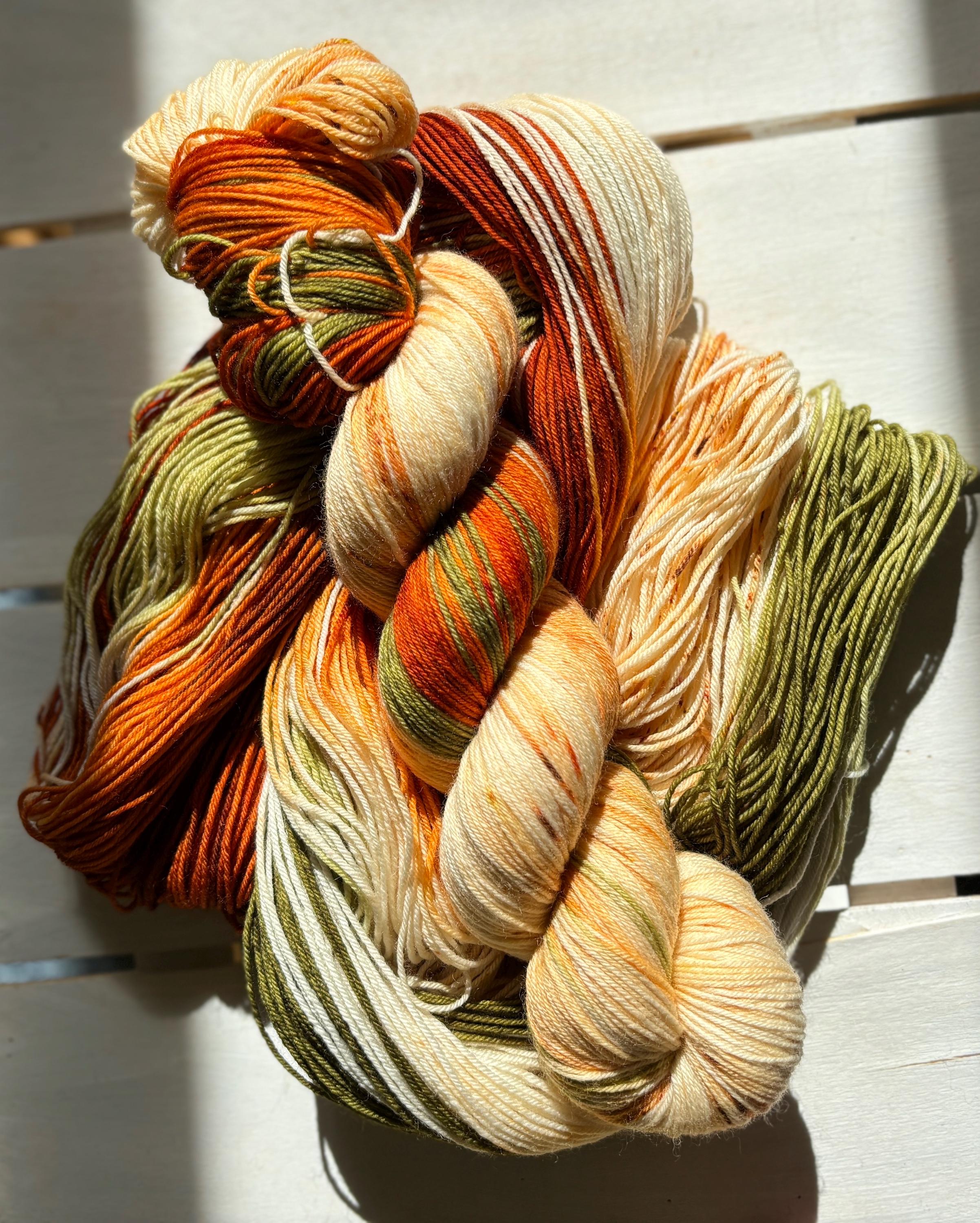 Come to the Table, orange, green, handdyed yarn