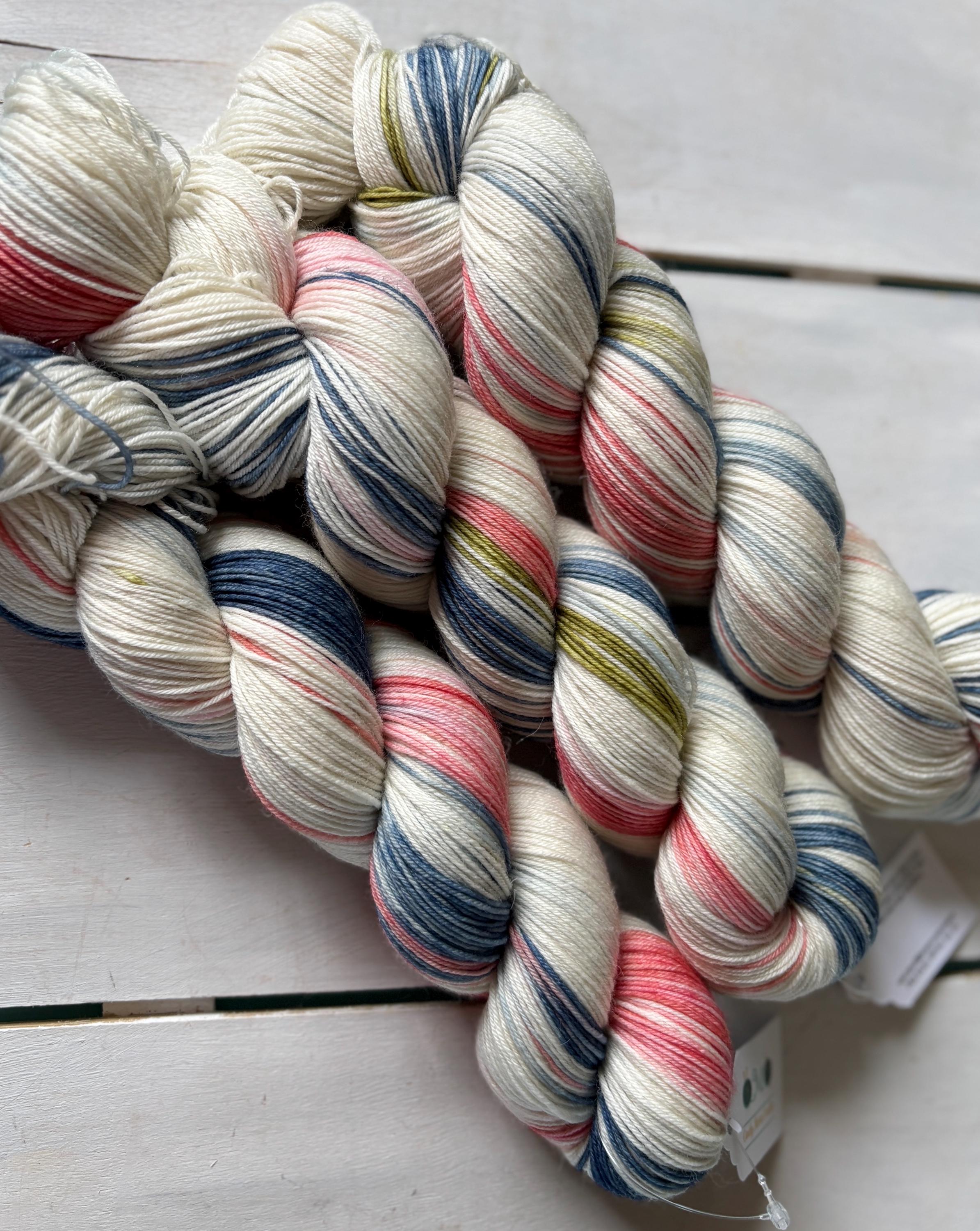 High Tea, soft pink, pretty blue sage green DK and fingering