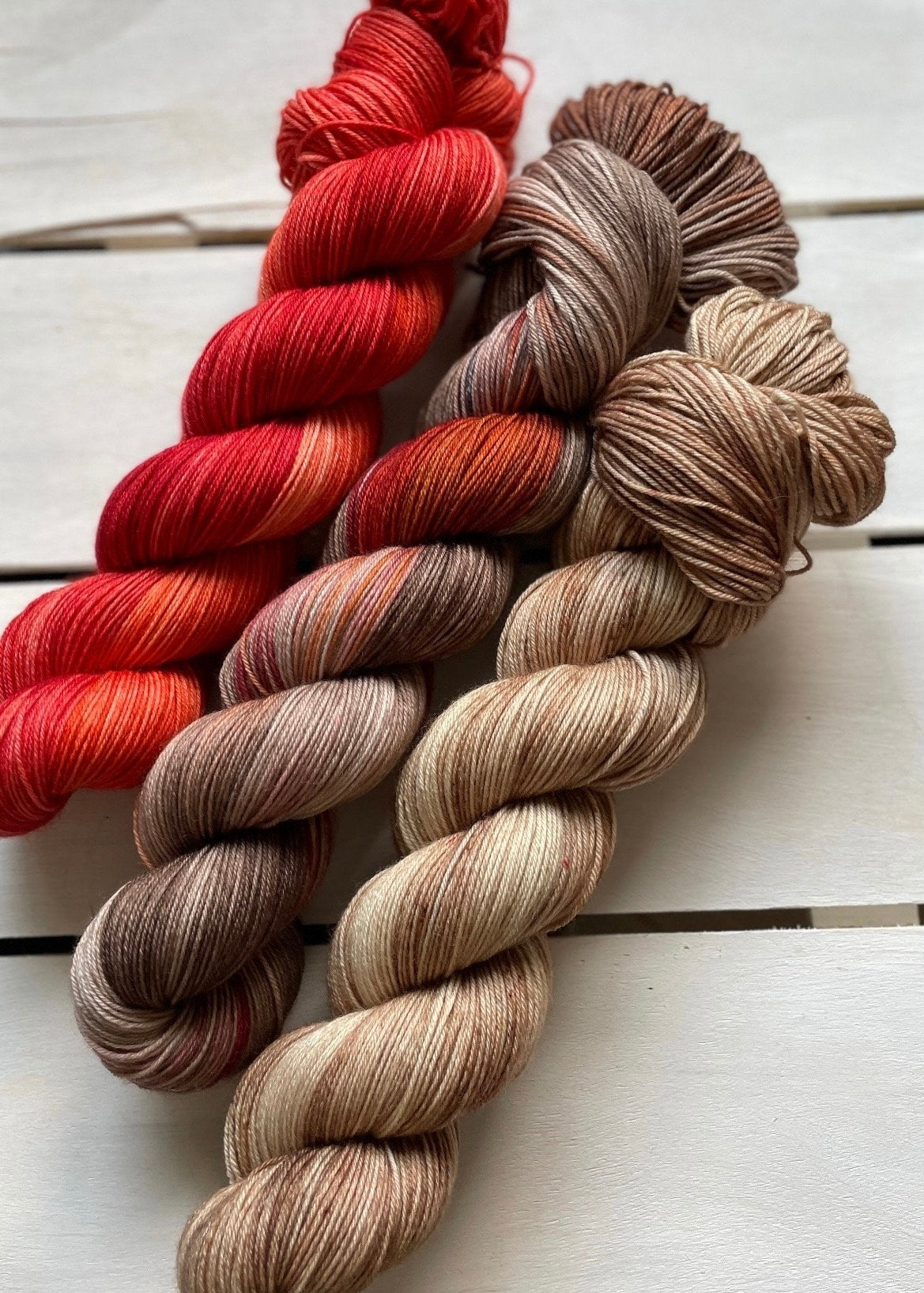 Apple Crate, dark red, browns, beige, light tan, slight brown, DK and fingering