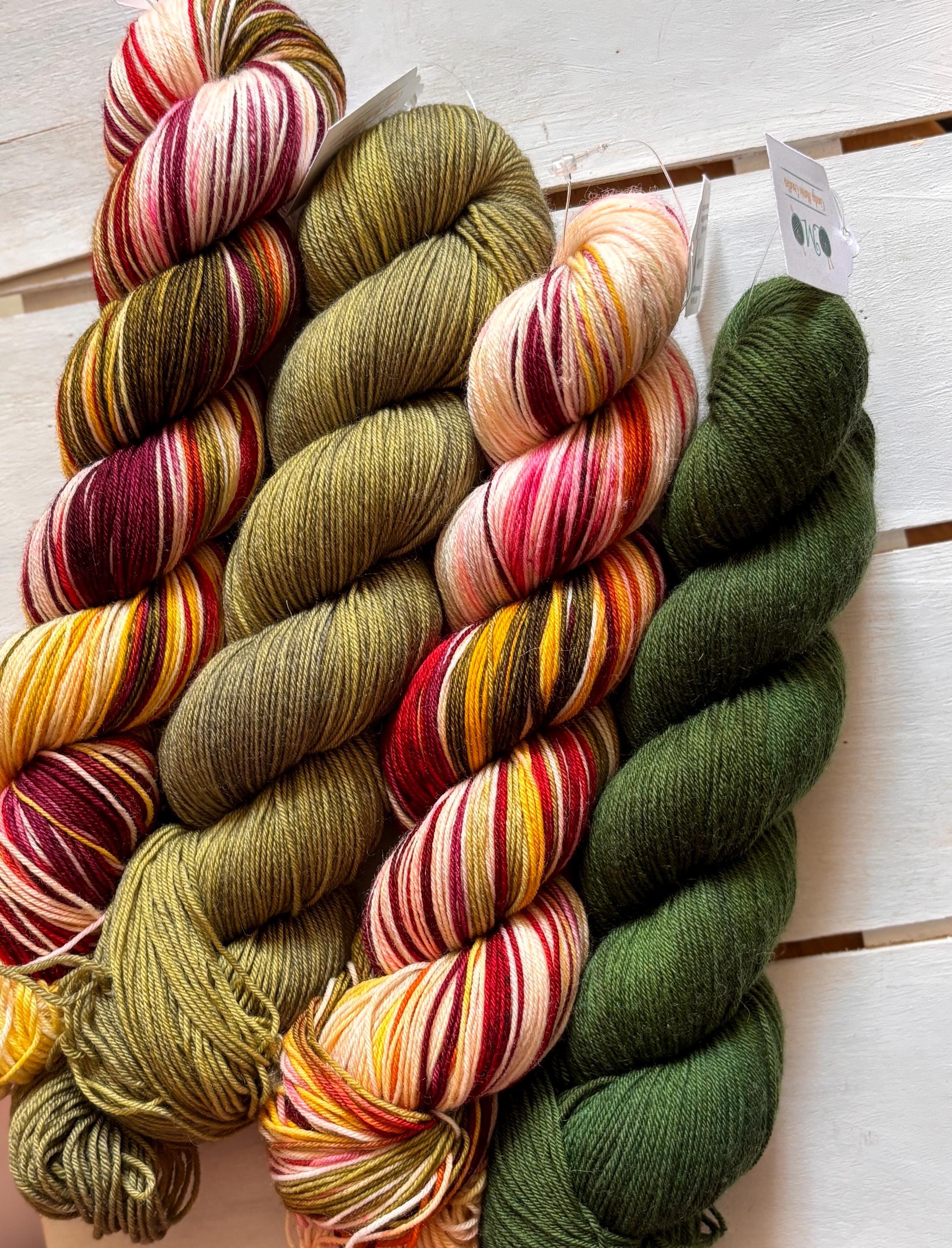 Fall Valley Merino Wool Yarn: Red, Orange, Yellow, Green (DK or Fingering)